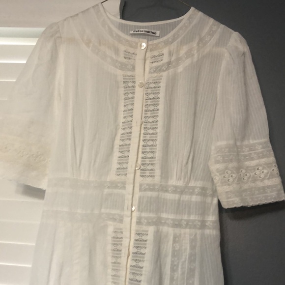 Reformation Oxford Sheer Lace Short Sleeve Button Front Maxi Dress in White - Picture 7 of 15